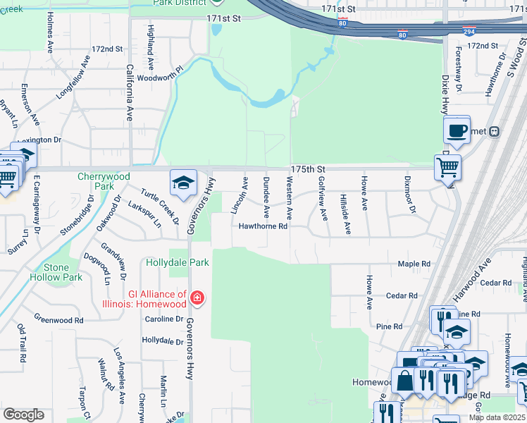 map of restaurants, bars, coffee shops, grocery stores, and more near 2440 Hawthorne Road in Homewood