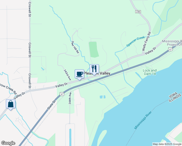 map of restaurants, bars, coffee shops, grocery stores, and more near 24540 Valley Dr in Bettendorf