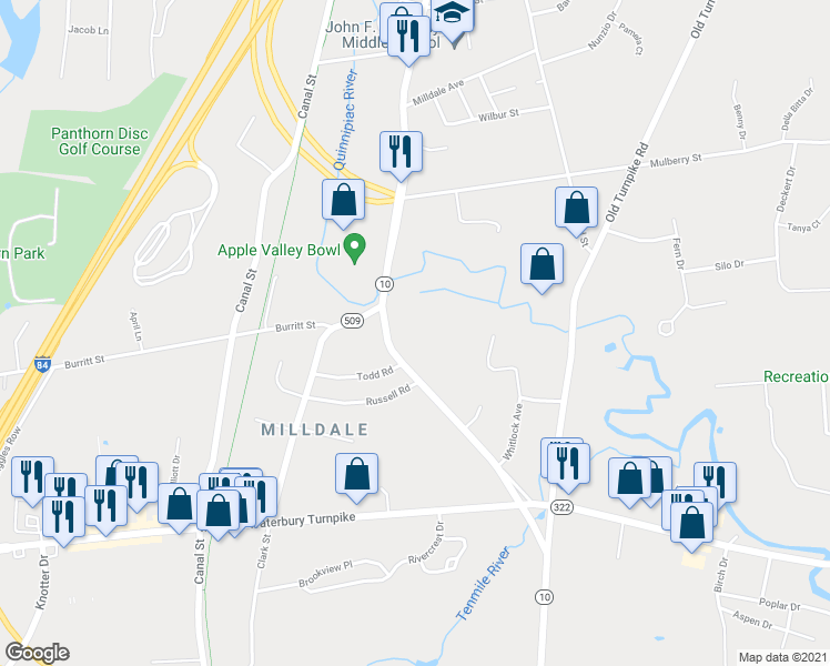 map of restaurants, bars, coffee shops, grocery stores, and more near 33 Norton Street in Southington