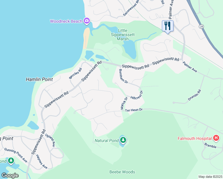 map of restaurants, bars, coffee shops, grocery stores, and more near 51 Clear Pond Road in Falmouth