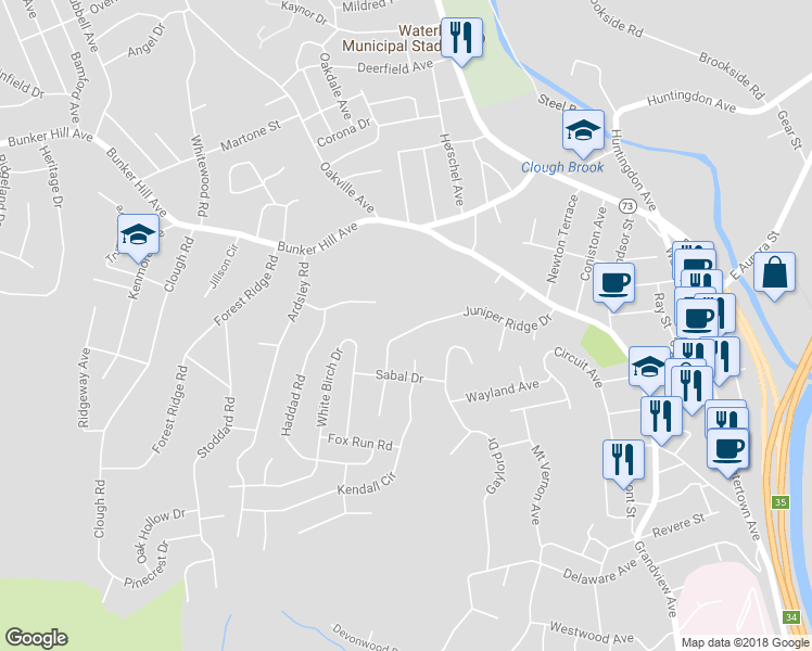map of restaurants, bars, coffee shops, grocery stores, and more near 180 Juniper Ridge Drive in Waterbury