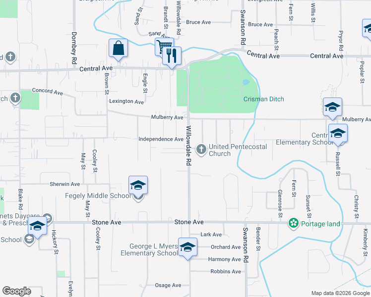 map of restaurants, bars, coffee shops, grocery stores, and more near 5401-5499 Meadow Ave in Portage