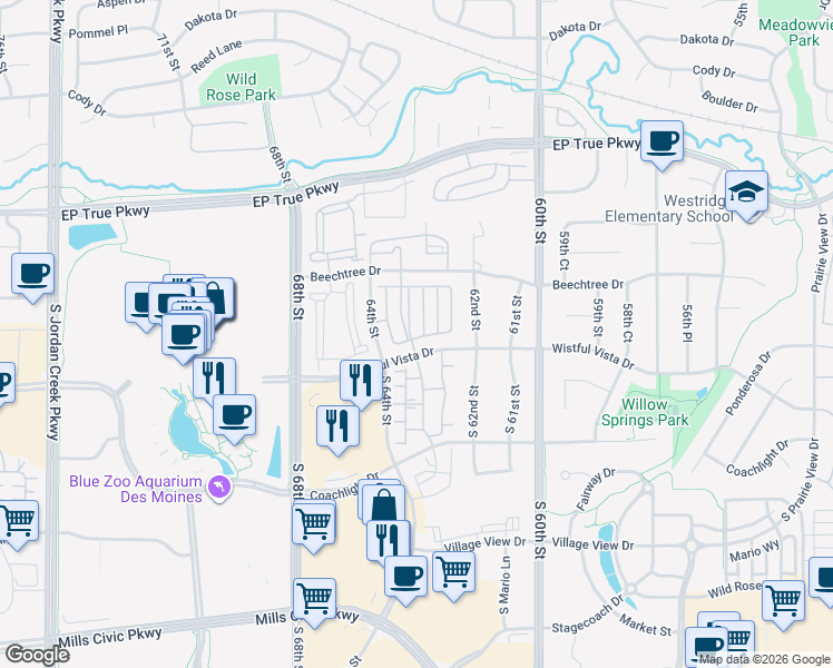 map of restaurants, bars, coffee shops, grocery stores, and more near 125 Cambridge Drive in West Des Moines