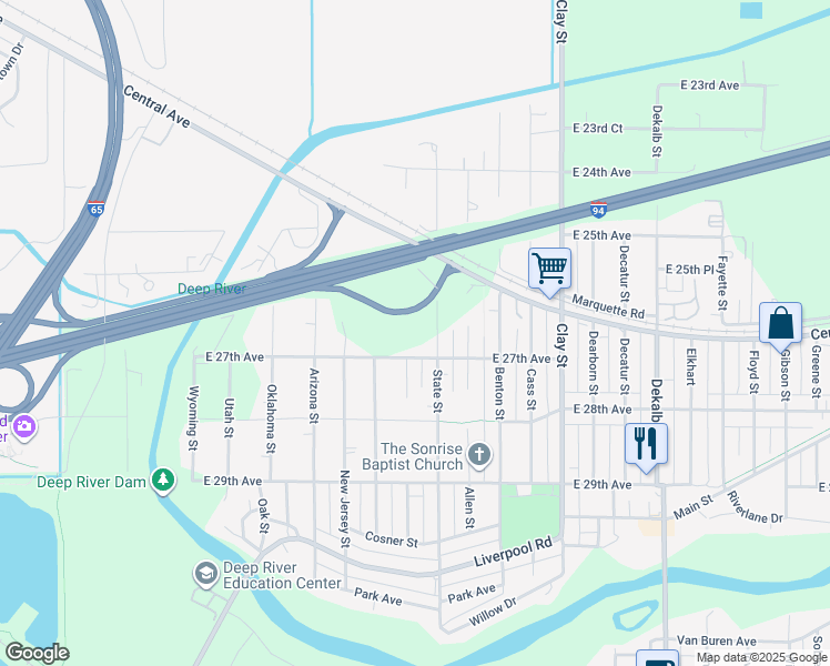 map of restaurants, bars, coffee shops, grocery stores, and more near 2688 New York Street in Gary