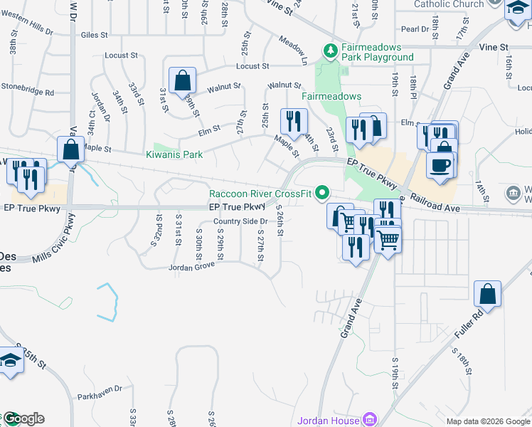 map of restaurants, bars, coffee shops, grocery stores, and more near 201 South 26th Street in West Des Moines