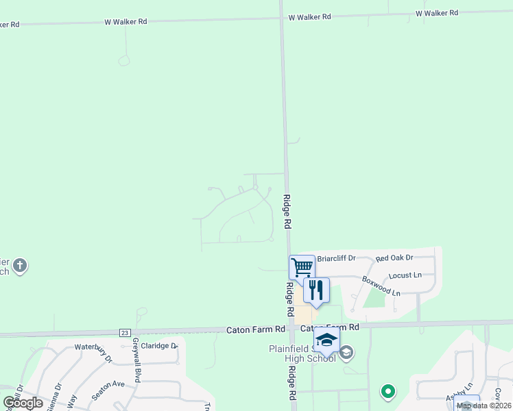map of restaurants, bars, coffee shops, grocery stores, and more near Huntley Ct in Plainfield