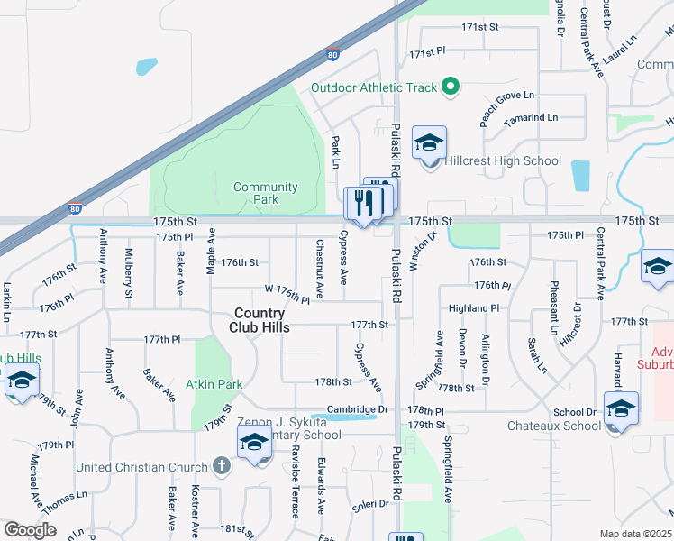 map of restaurants, bars, coffee shops, grocery stores, and more near 17600 Cypress Avenue in Country Club Hills