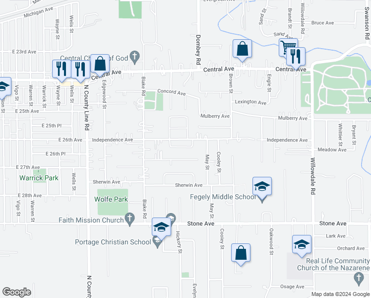 map of restaurants, bars, coffee shops, grocery stores, and more near 5221 Meadow Avenue in Portage