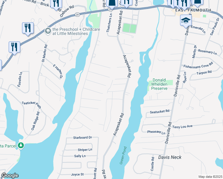 map of restaurants, bars, coffee shops, grocery stores, and more near 28 Garry Avenue in Falmouth