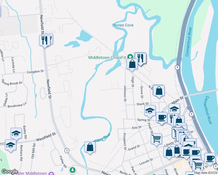 map of restaurants, bars, coffee shops, grocery stores, and more near 95 Catherine Street in Middletown