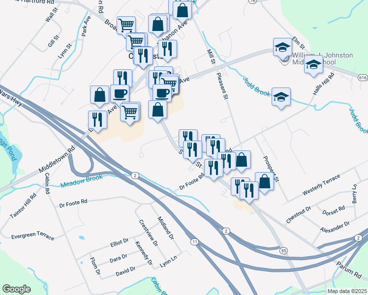 map of restaurants, bars, coffee shops, grocery stores, and more near 275 South Main Street in Colchester