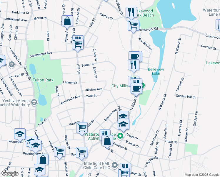 map of restaurants, bars, coffee shops, grocery stores, and more near 120 Tudor Street in Waterbury