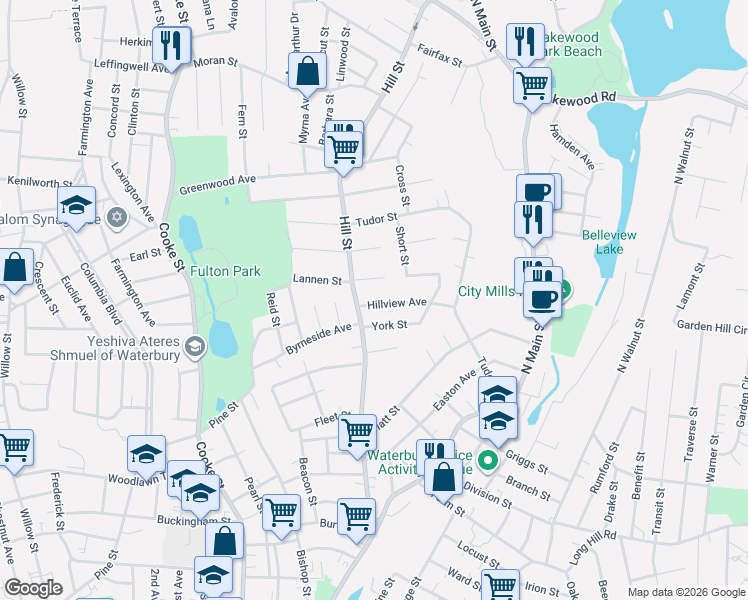 map of restaurants, bars, coffee shops, grocery stores, and more near 260 Hill Street in Waterbury