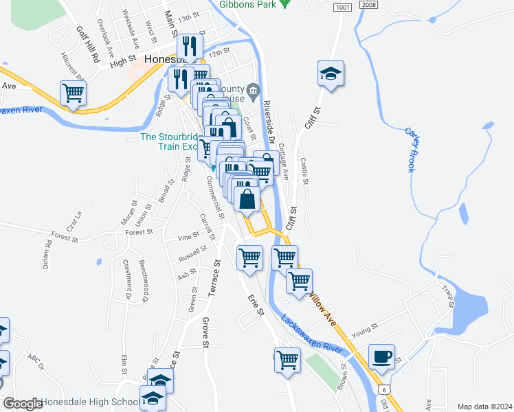 map of restaurants, bars, coffee shops, grocery stores, and more near 119 5th Street in Honesdale