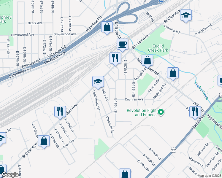 map of restaurants, bars, coffee shops, grocery stores, and more near 1381 Penhurst Road in Cleveland