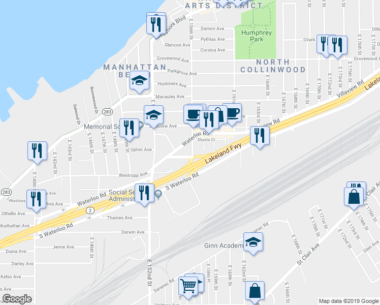 map of restaurants, bars, coffee shops, grocery stores, and more near 451 East 156th Street in Cleveland