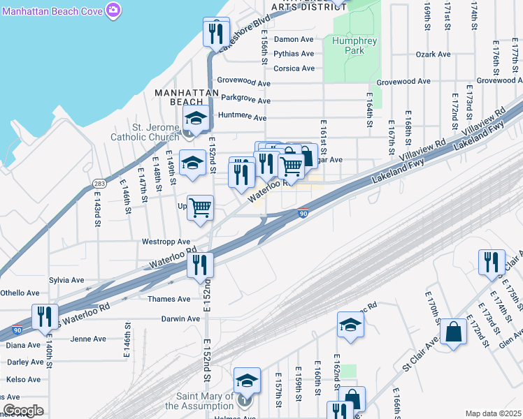 map of restaurants, bars, coffee shops, grocery stores, and more near 451 East 156th Street in Cleveland