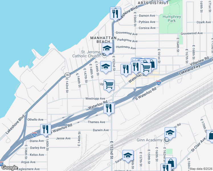 map of restaurants, bars, coffee shops, grocery stores, and more near 452 East 152nd Street in Cleveland