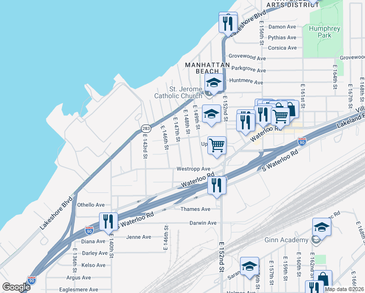 map of restaurants, bars, coffee shops, grocery stores, and more near 475 East 147th Street in Cleveland
