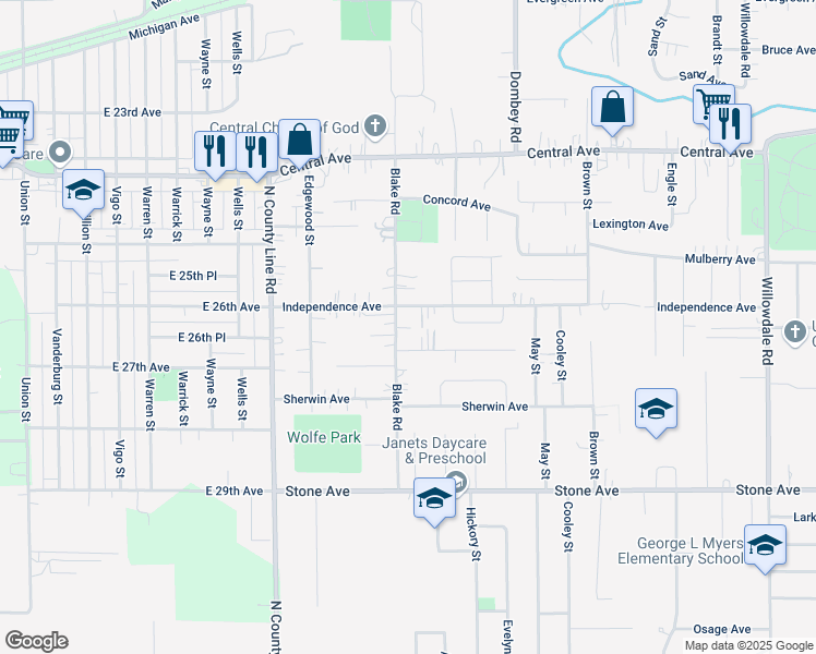 map of restaurants, bars, coffee shops, grocery stores, and more near 5100-5298 Bell Avenue in Portage