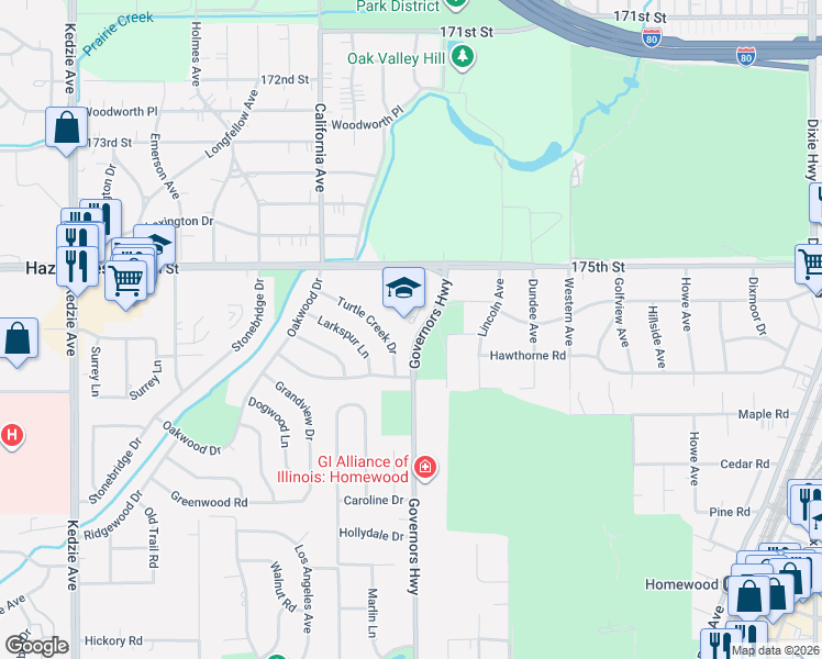 map of restaurants, bars, coffee shops, grocery stores, and more near 17518 Butternut Road in Hazel Crest