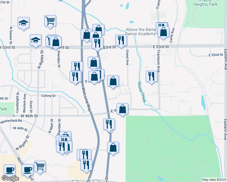 map of restaurants, bars, coffee shops, grocery stores, and more near 4711 North Brady Street in Davenport