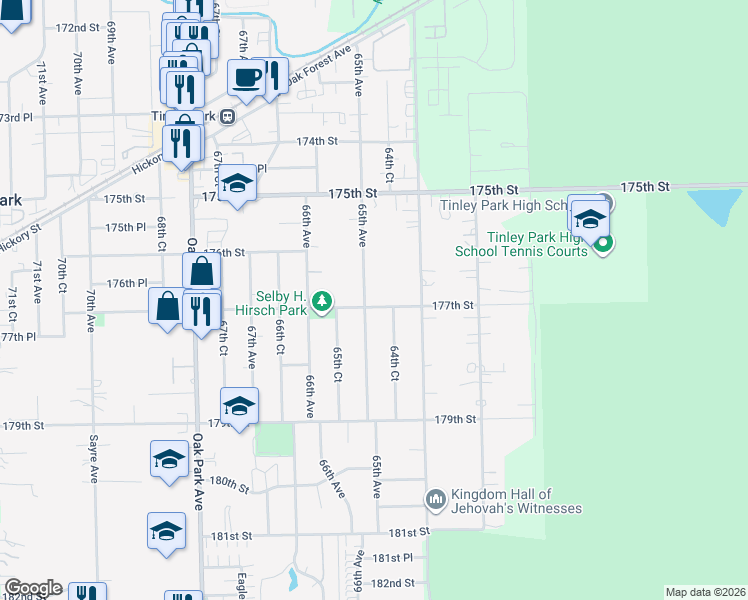 map of restaurants, bars, coffee shops, grocery stores, and more near 6501 177th Street in Tinley Park