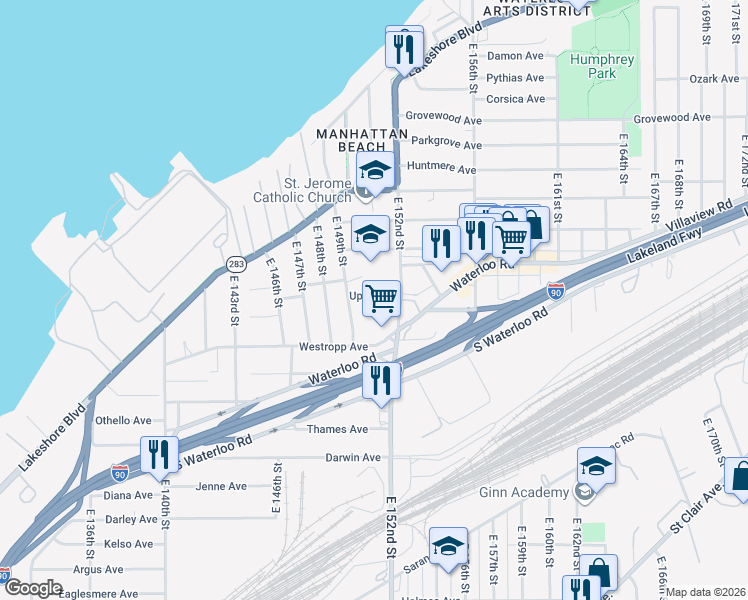 map of restaurants, bars, coffee shops, grocery stores, and more near 452 East 152nd Street in Cleveland