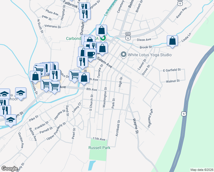 map of restaurants, bars, coffee shops, grocery stores, and more near 102 Washington Street in Carbondale