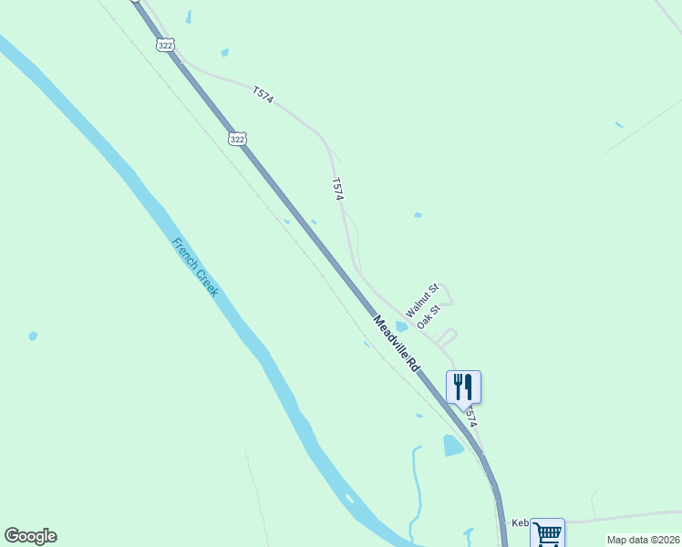 map of restaurants, bars, coffee shops, grocery stores, and more near Meadville Road in Meadville