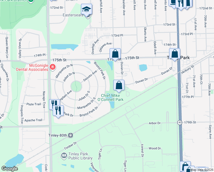 map of restaurants, bars, coffee shops, grocery stores, and more near 7759 Bristol Park Drive in Tinley Park