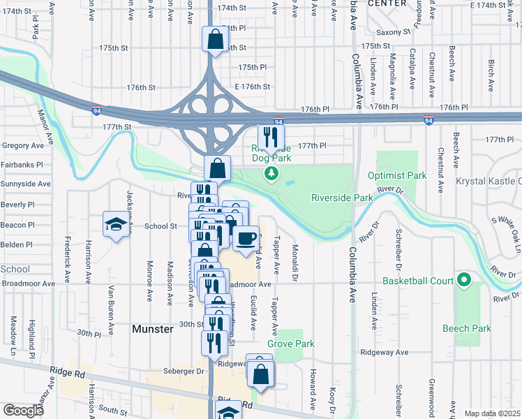 map of restaurants, bars, coffee shops, grocery stores, and more near 913 River Drive in Munster