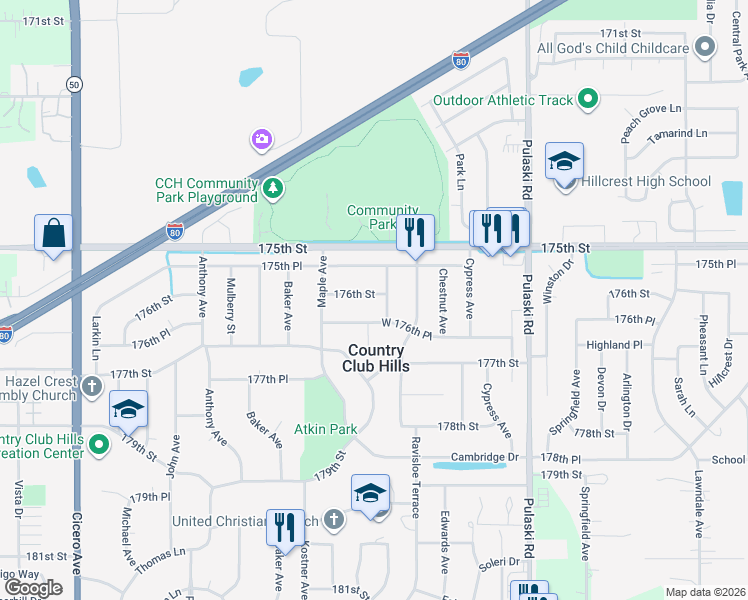 map of restaurants, bars, coffee shops, grocery stores, and more near 4241 176th Street in Country Club Hills