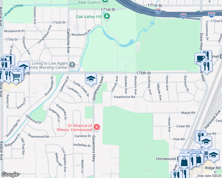 map of restaurants, bars, coffee shops, grocery stores, and more near 17615 Lincoln Avenue in Homewood