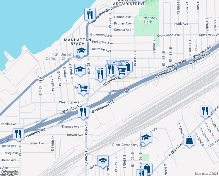 map of restaurants, bars, coffee shops, grocery stores, and more near 451 East 156th Street in Cleveland