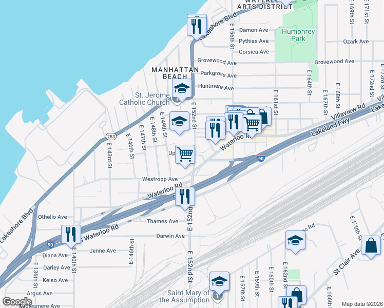 map of restaurants, bars, coffee shops, grocery stores, and more near 452 East 152nd Street in Cleveland