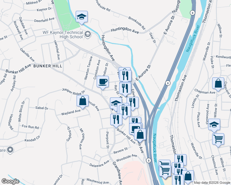 map of restaurants, bars, coffee shops, grocery stores, and more near 26 Aurora Street in Waterbury
