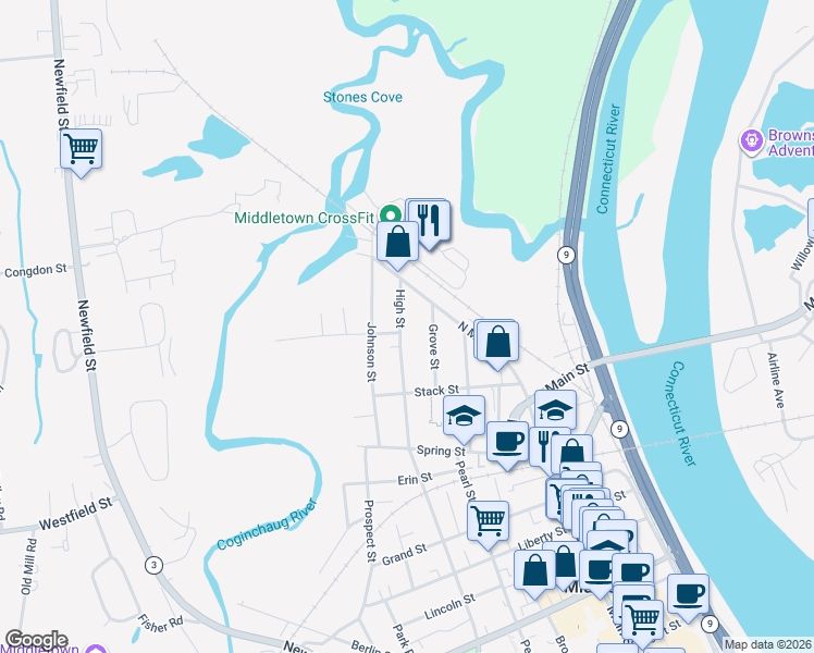 map of restaurants, bars, coffee shops, grocery stores, and more near 640 High Street in Middletown