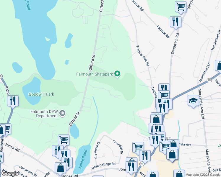 map of restaurants, bars, coffee shops, grocery stores, and more near 33 Woodview Drive in Falmouth