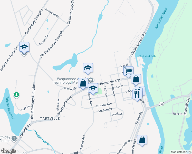 map of restaurants, bars, coffee shops, grocery stores, and more near 141 Providence Street in Norwich