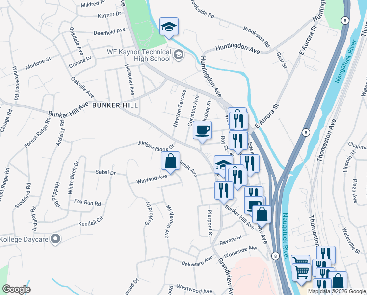 map of restaurants, bars, coffee shops, grocery stores, and more near 315 Bunker Hill Avenue in Waterbury