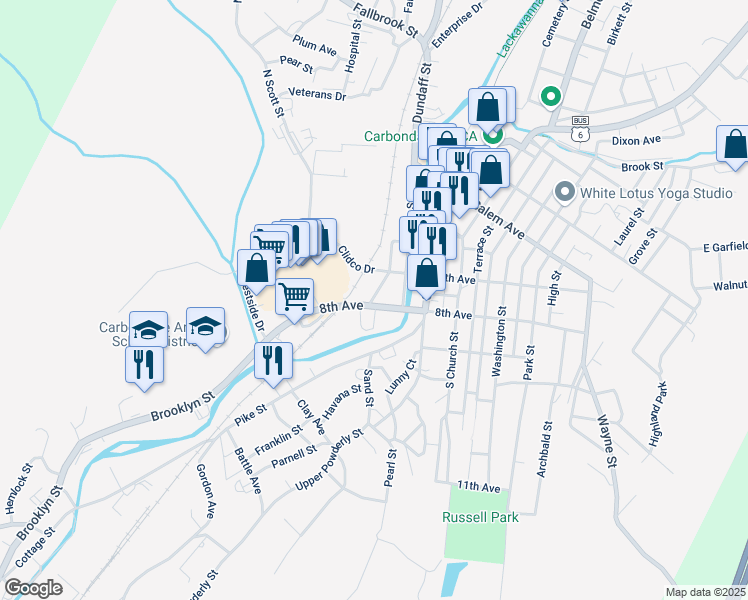 map of restaurants, bars, coffee shops, grocery stores, and more near 10 Mill Street in Carbondale
