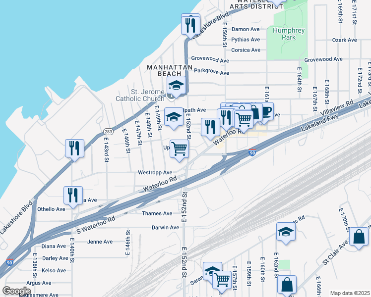 map of restaurants, bars, coffee shops, grocery stores, and more near 452 East 152nd Street in Cleveland
