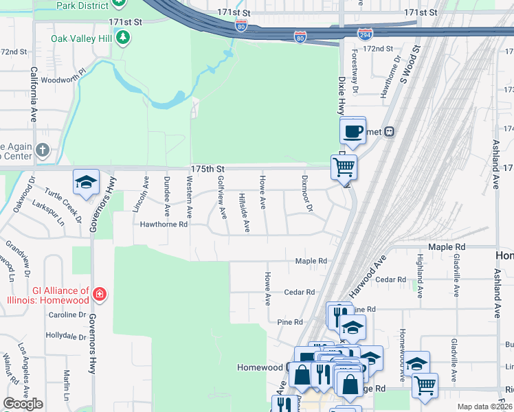 map of restaurants, bars, coffee shops, grocery stores, and more near 17614 Howe Avenue in Homewood