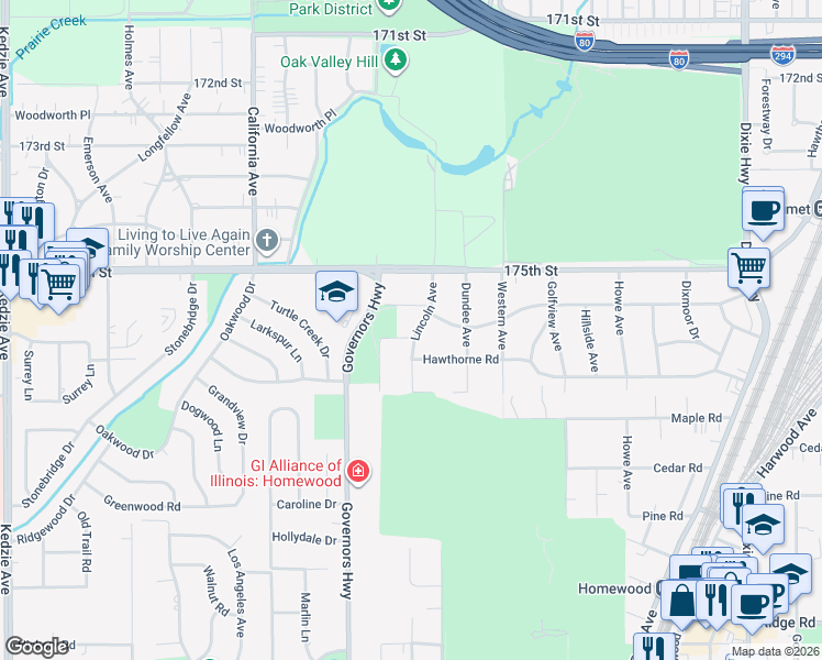 map of restaurants, bars, coffee shops, grocery stores, and more near 17615 Lincoln Avenue in Homewood