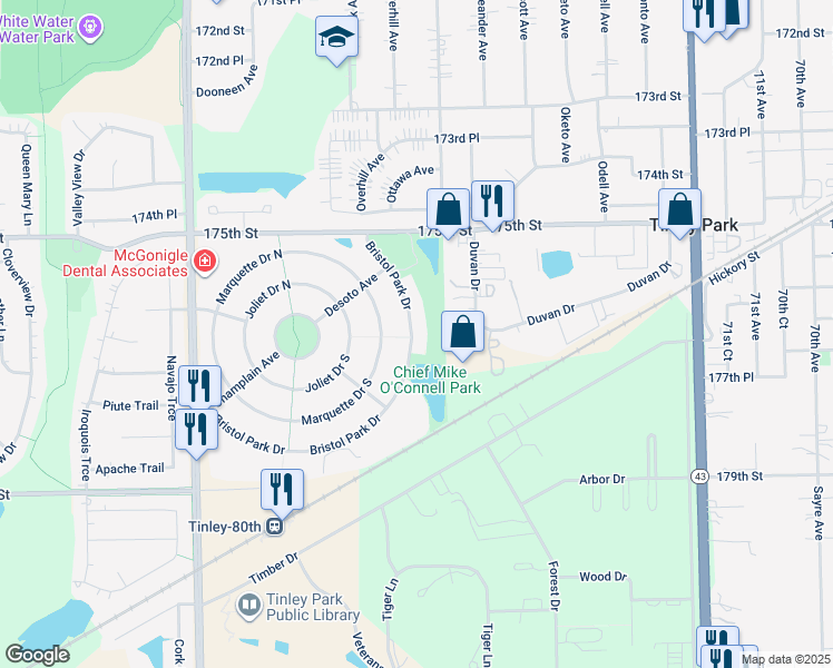 map of restaurants, bars, coffee shops, grocery stores, and more near 7743 Bristol Park Drive in Tinley Park