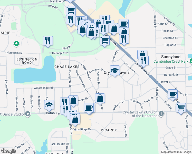 map of restaurants, bars, coffee shops, grocery stores, and more near 2506 Chevy Chase Drive in Joliet