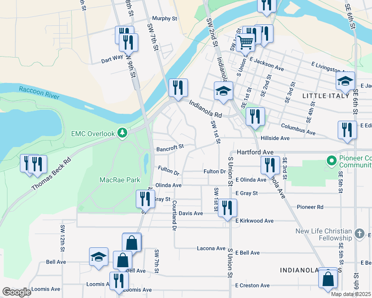 map of restaurants, bars, coffee shops, grocery stores, and more near 2023 Courtland Drive in Des Moines