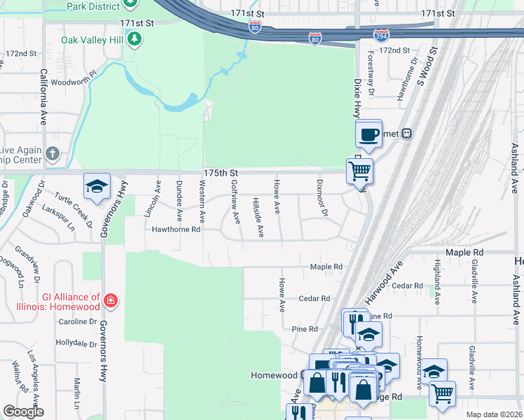 map of restaurants, bars, coffee shops, grocery stores, and more near 17614 Hillside Avenue in Homewood