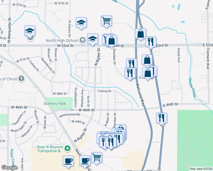map of restaurants, bars, coffee shops, grocery stores, and more near 4826 Main Court in Davenport
